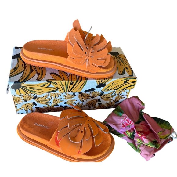 Farm Rio Monstera Anatomic Slide Sandals Orange Size 7 New In Box - Picture 8 of 11